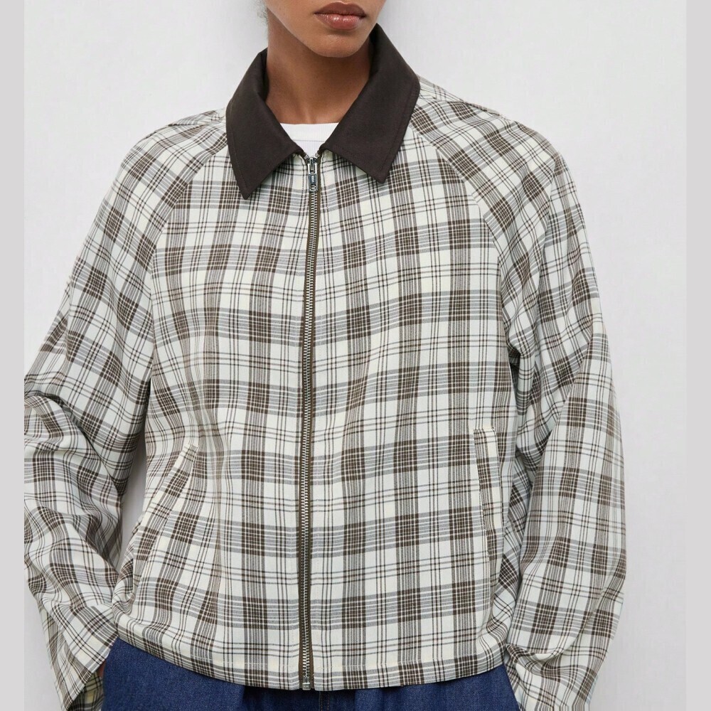 Ivory Brown Plaid Contrast Collar Zip Front Cropped Blouson Jacket
